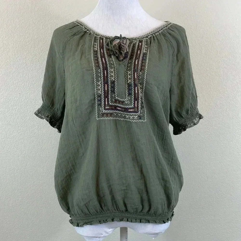 Joie 100% cotton short puff sleeve embroidered blouse size medium